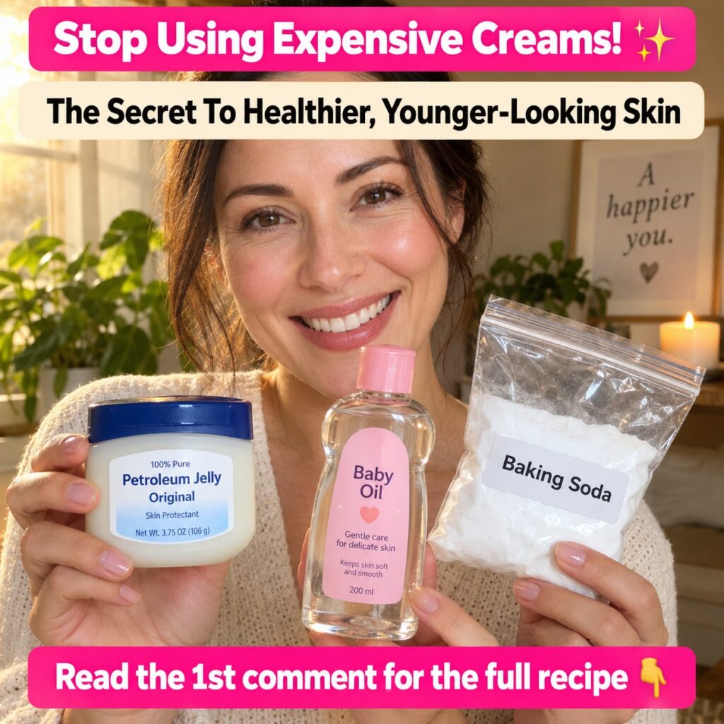 A smiling confident woman holding a jar of petroleum jelly a bottle of baby oil and a bag of baking soda with text overl