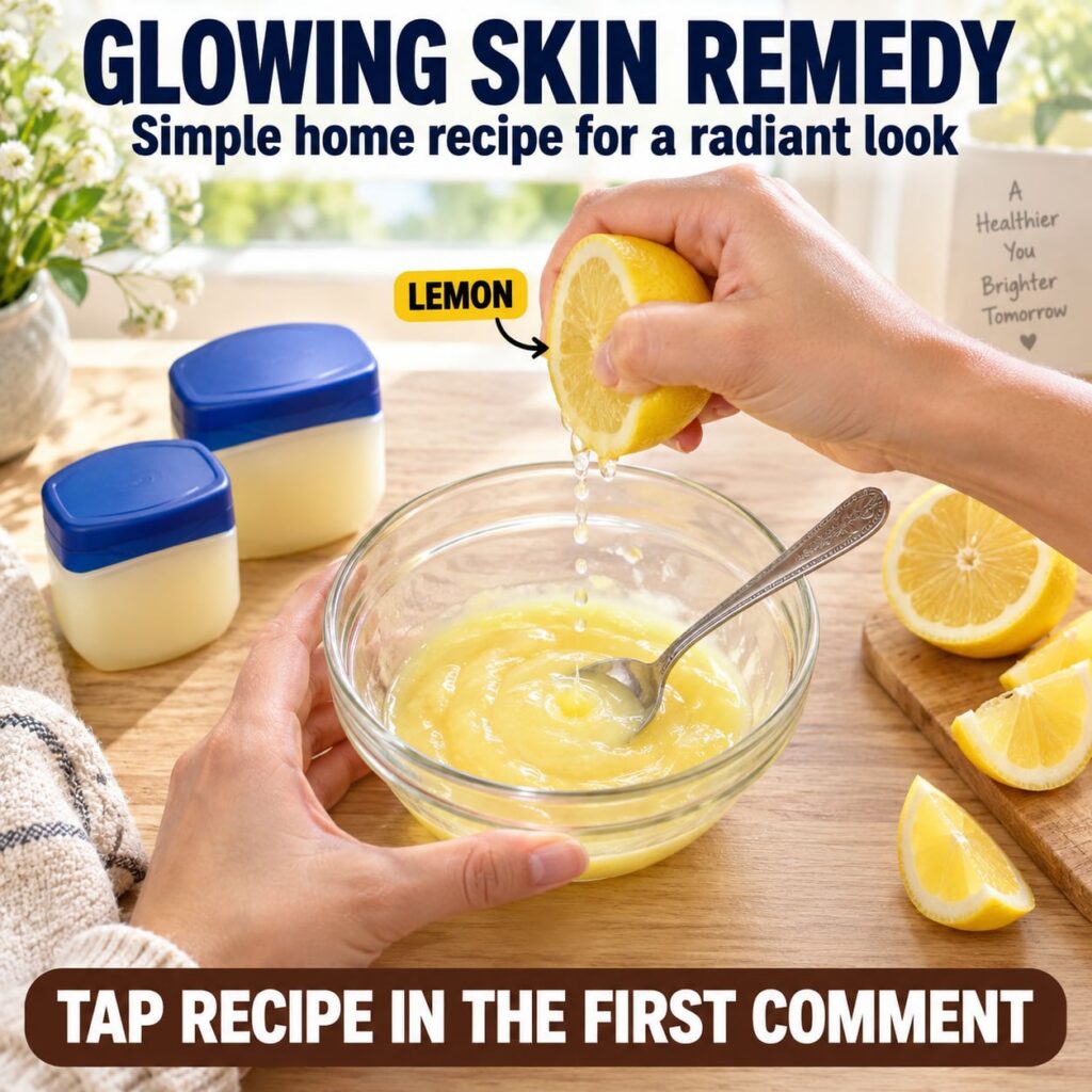 Hands preparing a DIY lemon and petroleum jelly mask on a wooden surface with fresh lemons and jars of petroleum jelly v