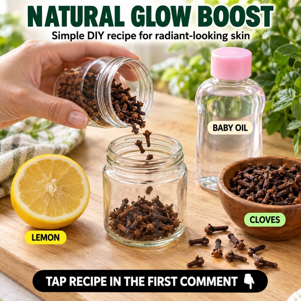 A flat lay of ingredients for a natural glow boost recipe including a human hand pouring dried cloves from one glass jar