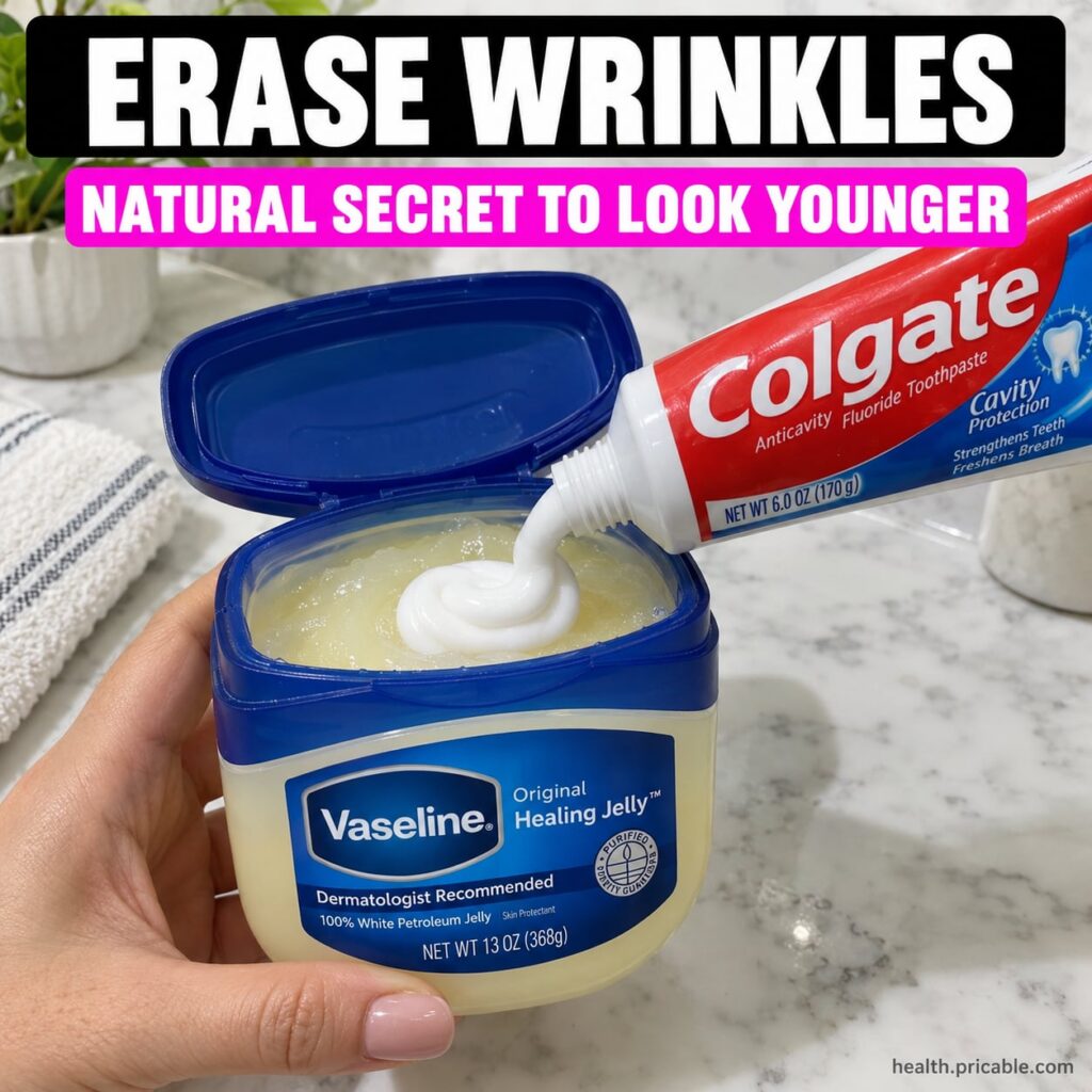 A tube of white toothpaste and a jar of Vaseline petroleum jelly arranged on a bathroom counter with a red X or warning 