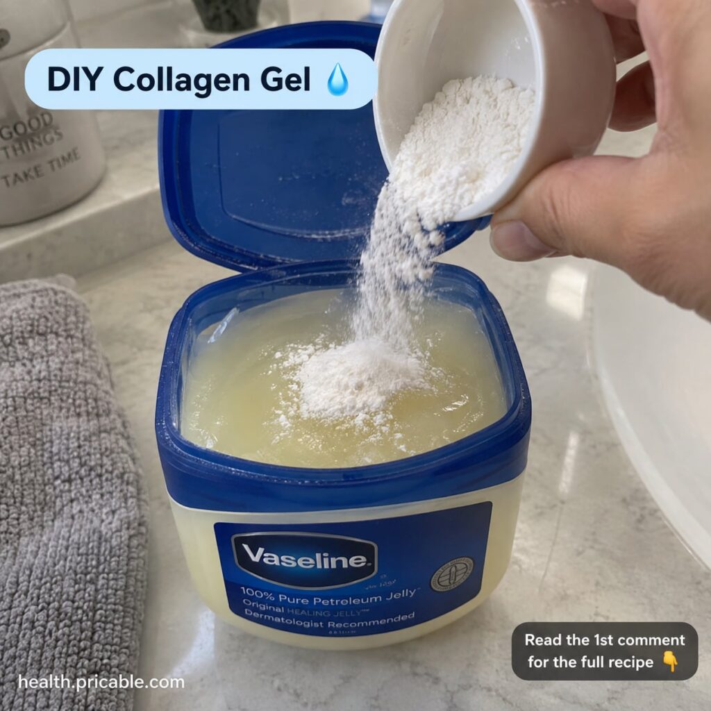 A small glass jar containing a light creamy collagen gel made with Vaseline a tube of Vaseline and an aloe vera leaf on 