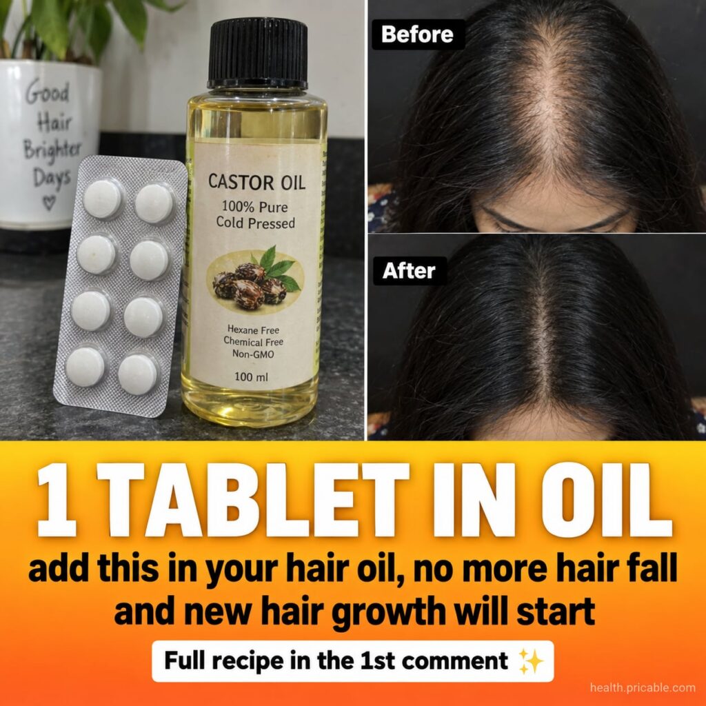 A hand holding a bottle of castor oil and a single softgel capsule with text overlay related to hair growth