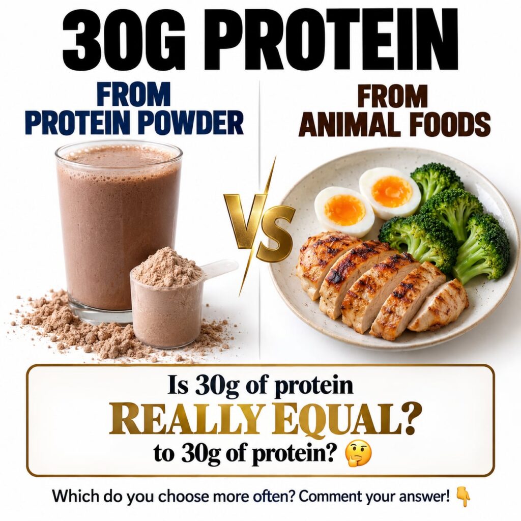 A graphic showing a comparison between a scoop of protein powder and various whole animal protein sources e g chicken br