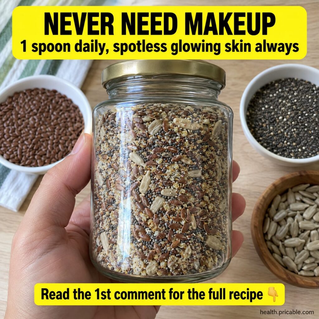 A woman holding a spoonful of a golden powder blend looking radiant and natural without heavy makeup The background is s