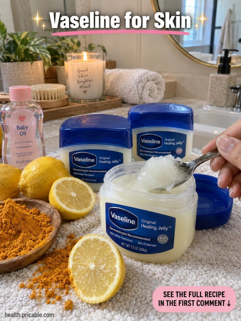A visual representation of the four ingredients a jar of Vaseline a small pile of yellow turmeric powder a sliced lemon 
