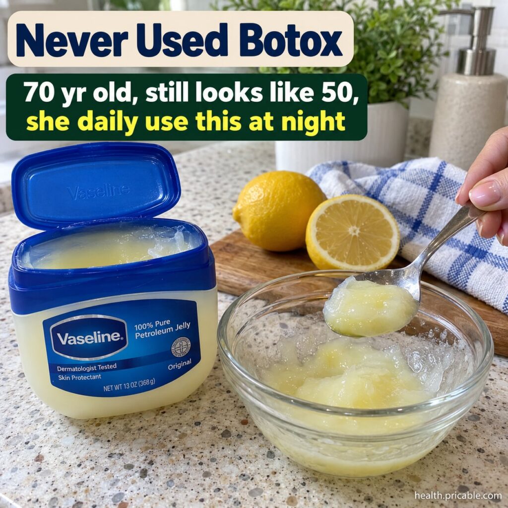 A woman in her 70s with radiant smooth skin applying a small amount of a homemade cream to her face at night