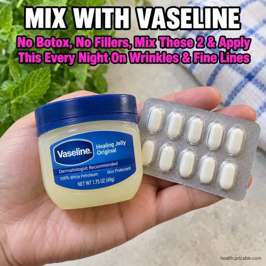 A small clean container with the prepared Vaseline and aspirin balm next to the original ingredients like a Vaseline jar