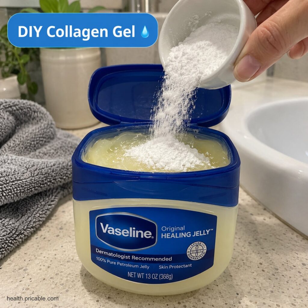 A small clear glass jar of homemade light yellow Vaseline collagen gel on a clean vanity with soft lighting