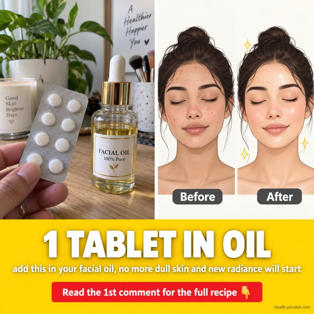 A close-up of a hand crushing a small white tablet into a fine powder next to a small bottle of facial oil ready for mix