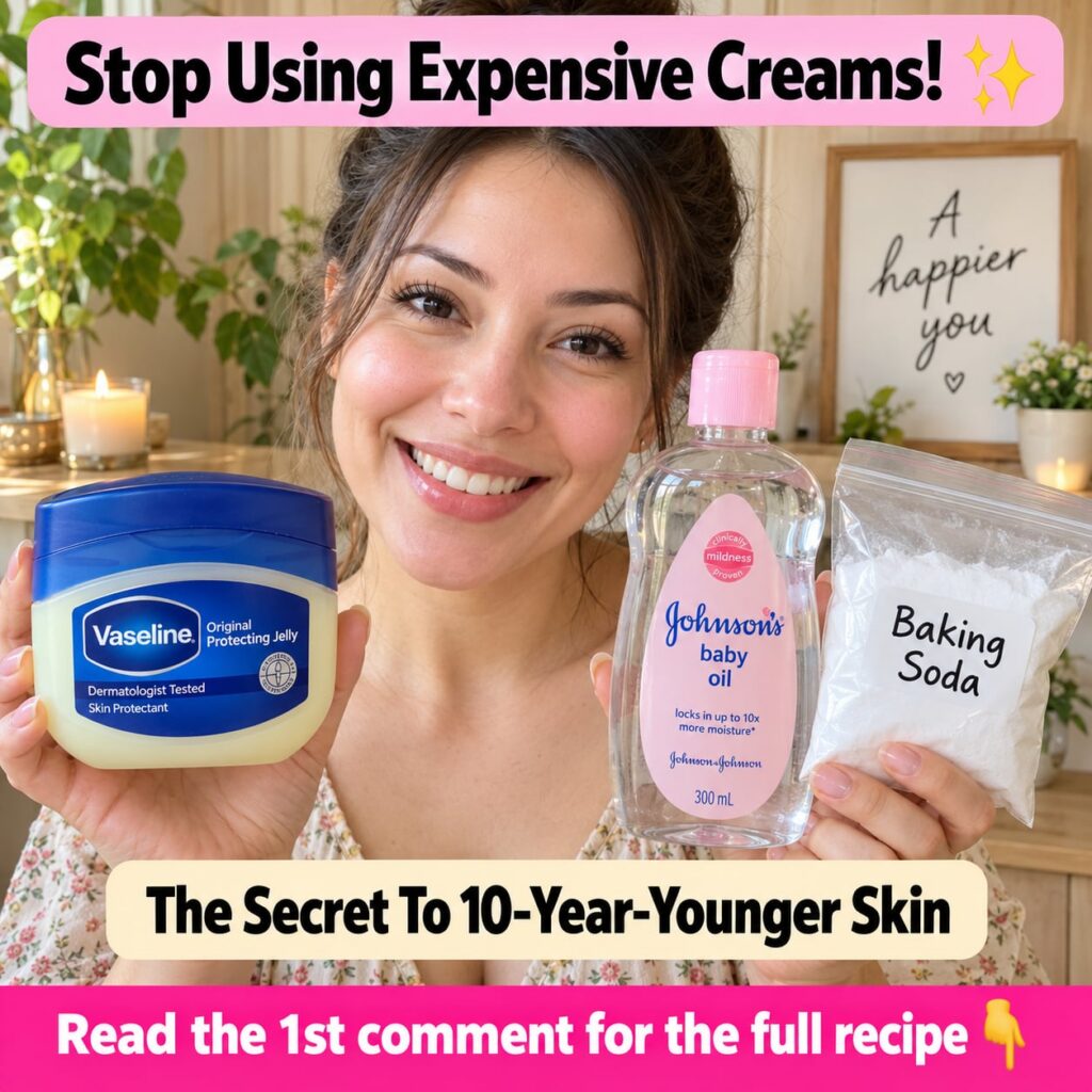 A woman with radiant healthy skin holding common DIY beauty ingredients like a jar of Vaseline a bottle of baby oil and 