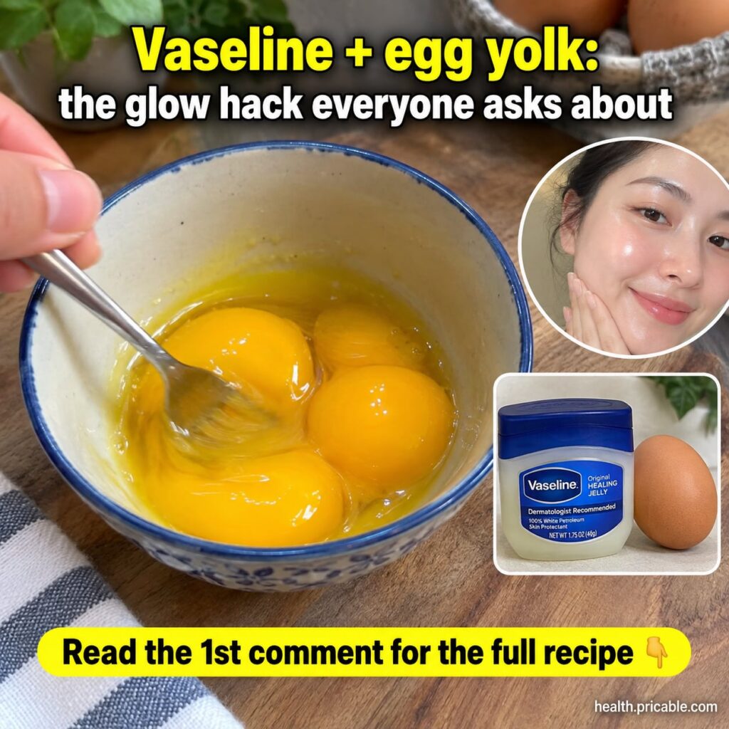 Ingredients for the Vaseline and egg yolk mask laid out a small jar of Vaseline a separated egg yolk in a small bowl and