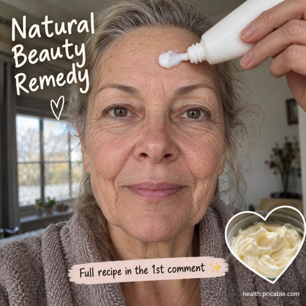 A woman gently applying a small amount of homemade cream to her cheek looking refreshed and happy