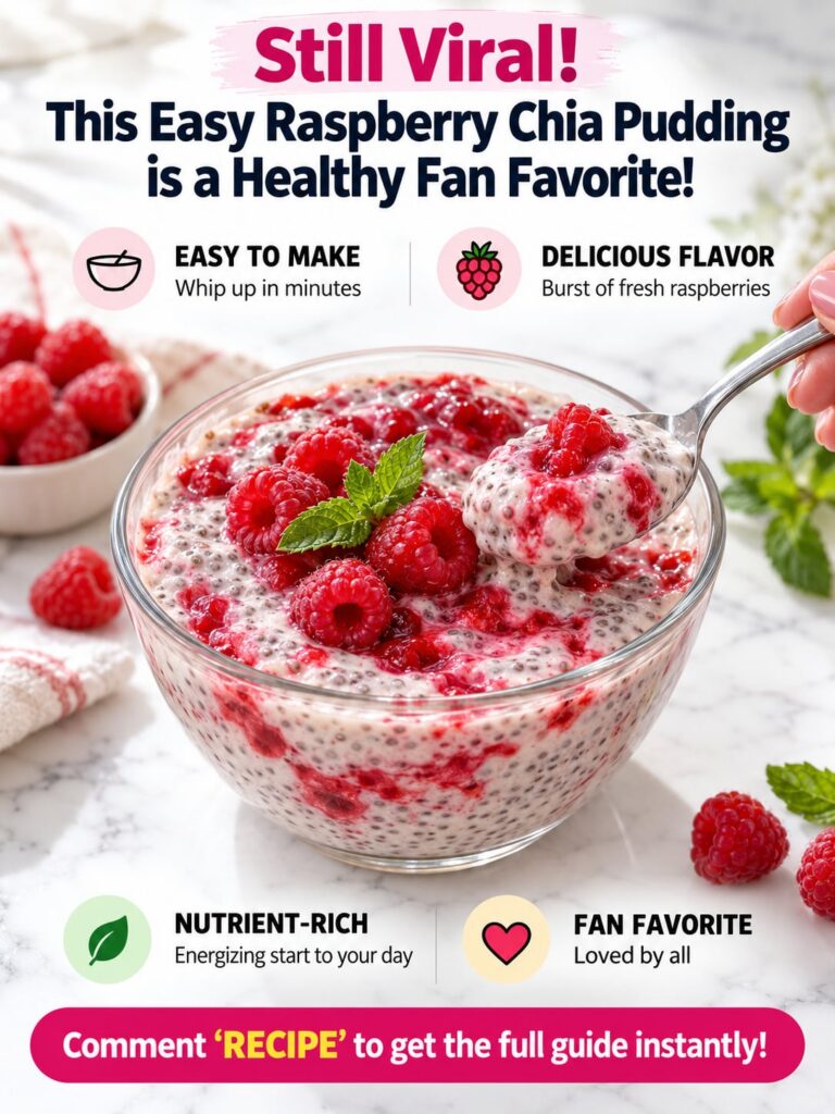 A beautiful glass jar filled with vibrant raspberry chia pudding topped with fresh raspberries and a sprig of mint The p