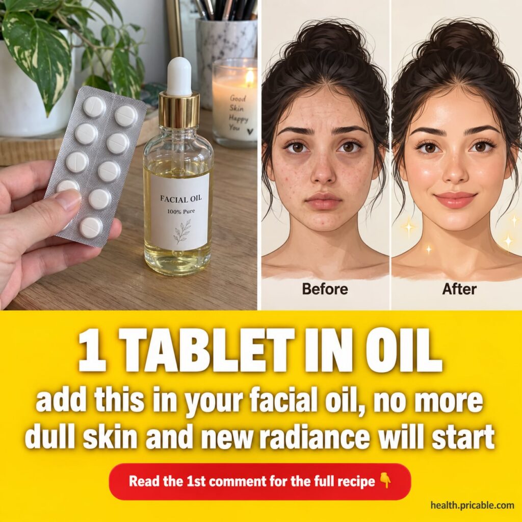 A close-up of a small glass dropper bottle of facial oil and a single golden vitamin E capsule on a clean light surface