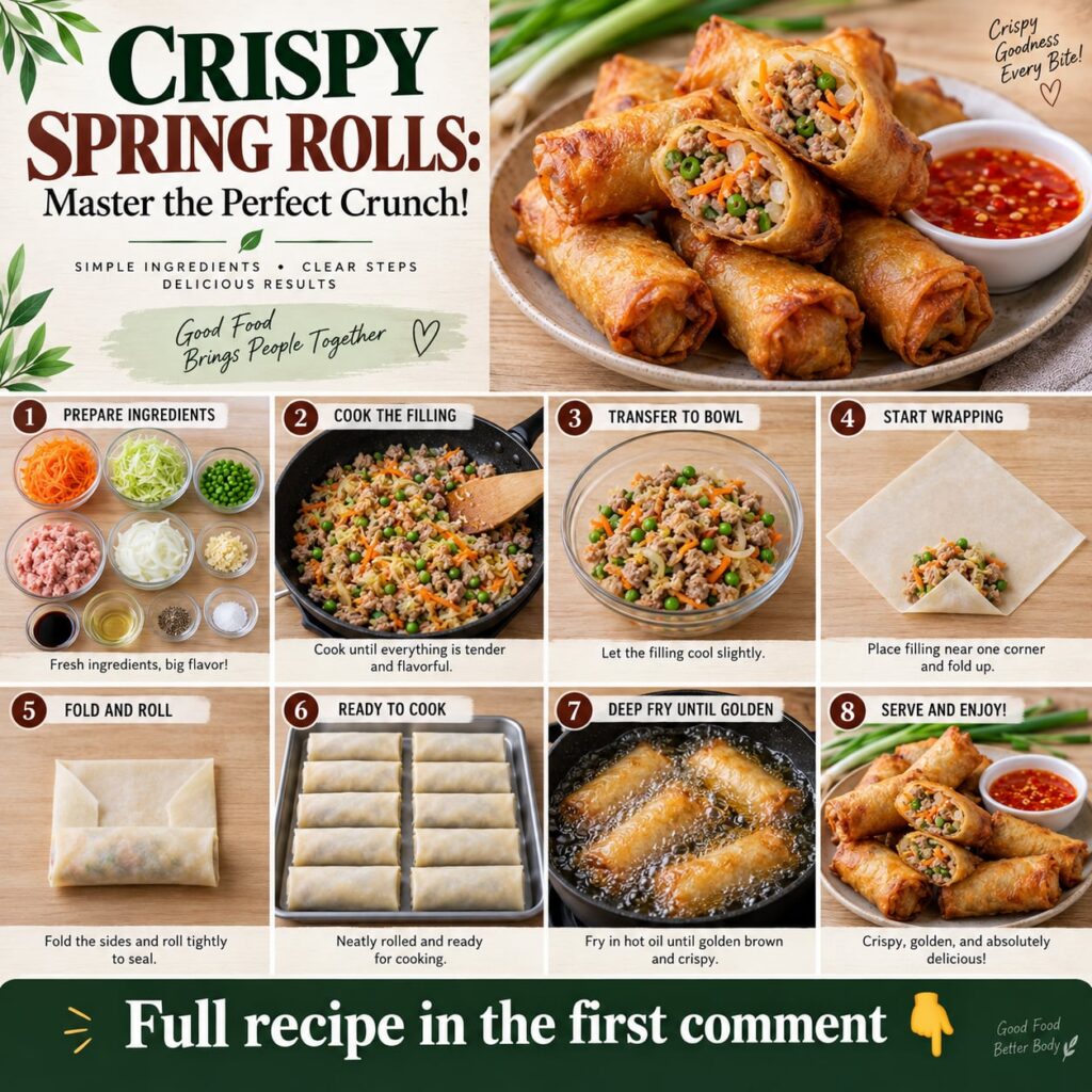 A plate of golden-brown classic crispy pork and vegetable spring rolls garnished with fresh cilantro and a side of sweet