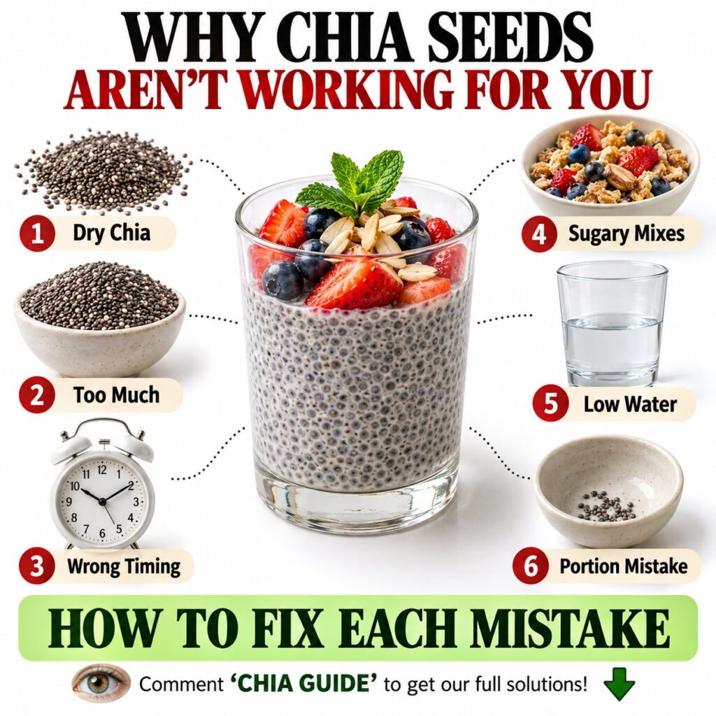 A visual illustrating common chia seed preparation mistakes such as unsoaked seeds too little liquid and dry seeds contr