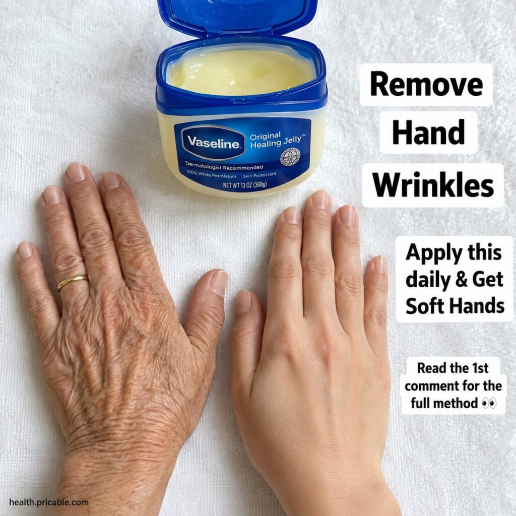 A woman applying a small amount of a balm-like substance to her hands focusing on the back of her hands with a jar of Va
