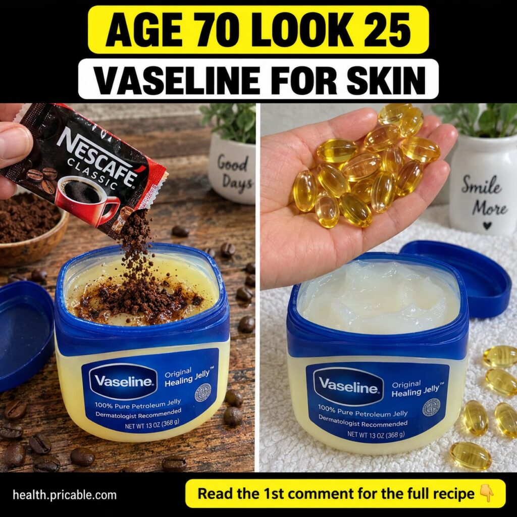 A small glass jar of Vaseline a bowl of fine coffee grounds and a small bottle of Vitamin E oil arranged on a rustic woo