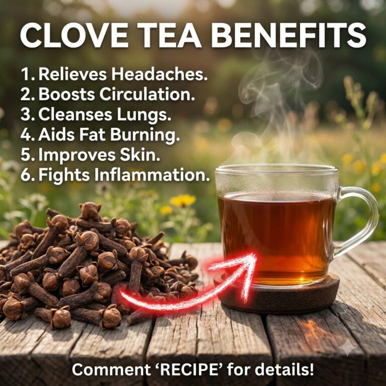 A comforting cup of amber-colored clove tea with whole cloves floating in it set on a rustic wooden surface with a few l