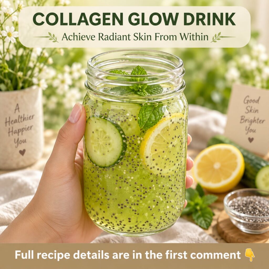 A vibrant refreshing collagen glow drink in a stylish glass with chia seeds settled at the bottom garnished with berries