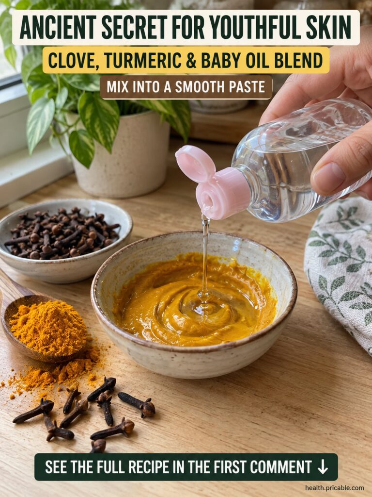 A small bowl containing a yellowish paste made from clove turmeric and baby oil with small piles of the individual ingre