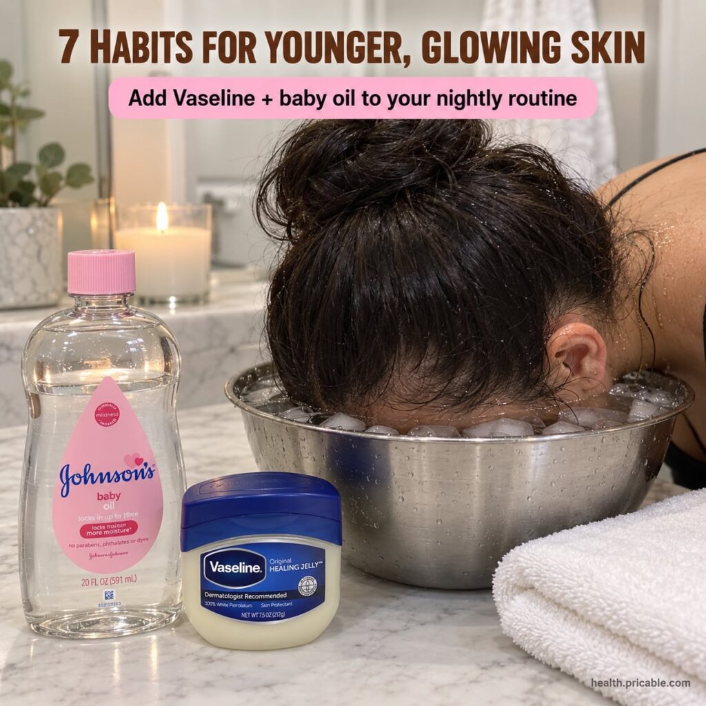 A woman gently splashing her face with ice water looking refreshed and serene