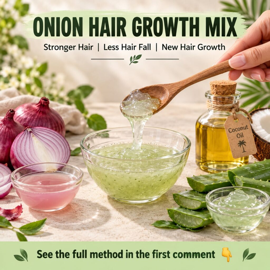 A visually appealing arrangement of fresh red onions aloe vera leaves and a small bowl of coconut oil with a subtle focu