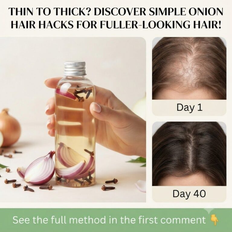 A close-up of a sliced red onion and whole cloves on a wooden cutting board with a small bottle of homemade hair oil in