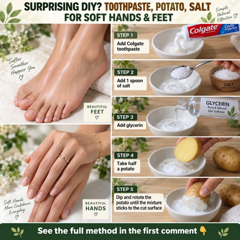 Ingredients for a DIY scrub laid out a tube of toothpaste a raw potato maybe cut in half a small bowl of coarse salt and