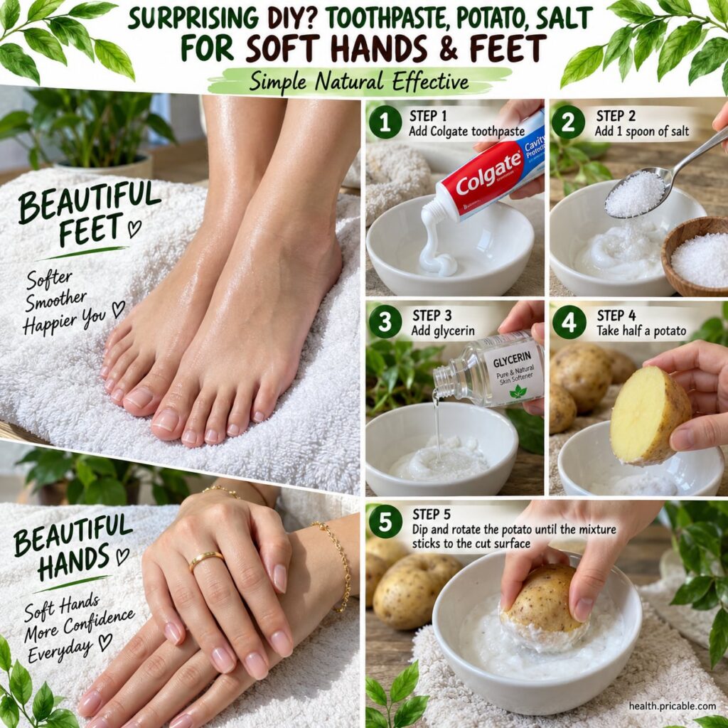 Ingredients for the toothpaste and potato scrub laid out on a clean surface a tube of Colgate toothpaste a whole potato 