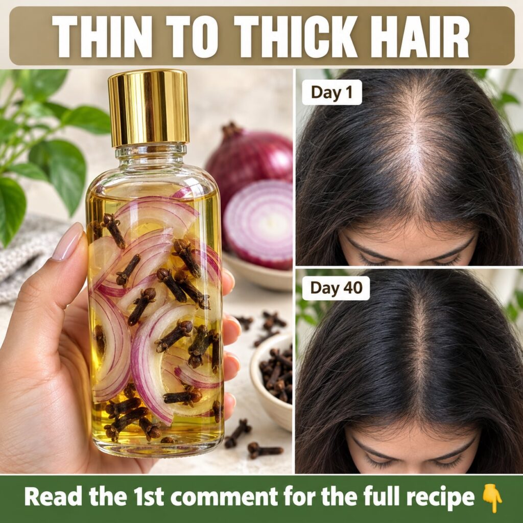 A small glass bottle filled with light brown homemade hair oil with visible pieces of dried cloves and onion inside It s