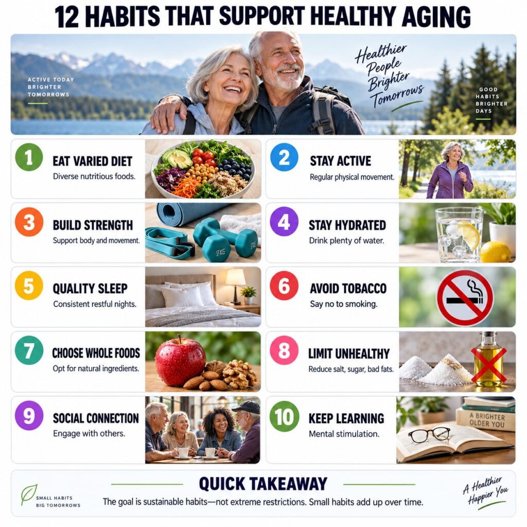 An infographic titled Healthy Aging Isn t About Finding One Secret Rule featuring a green and white color scheme with ic