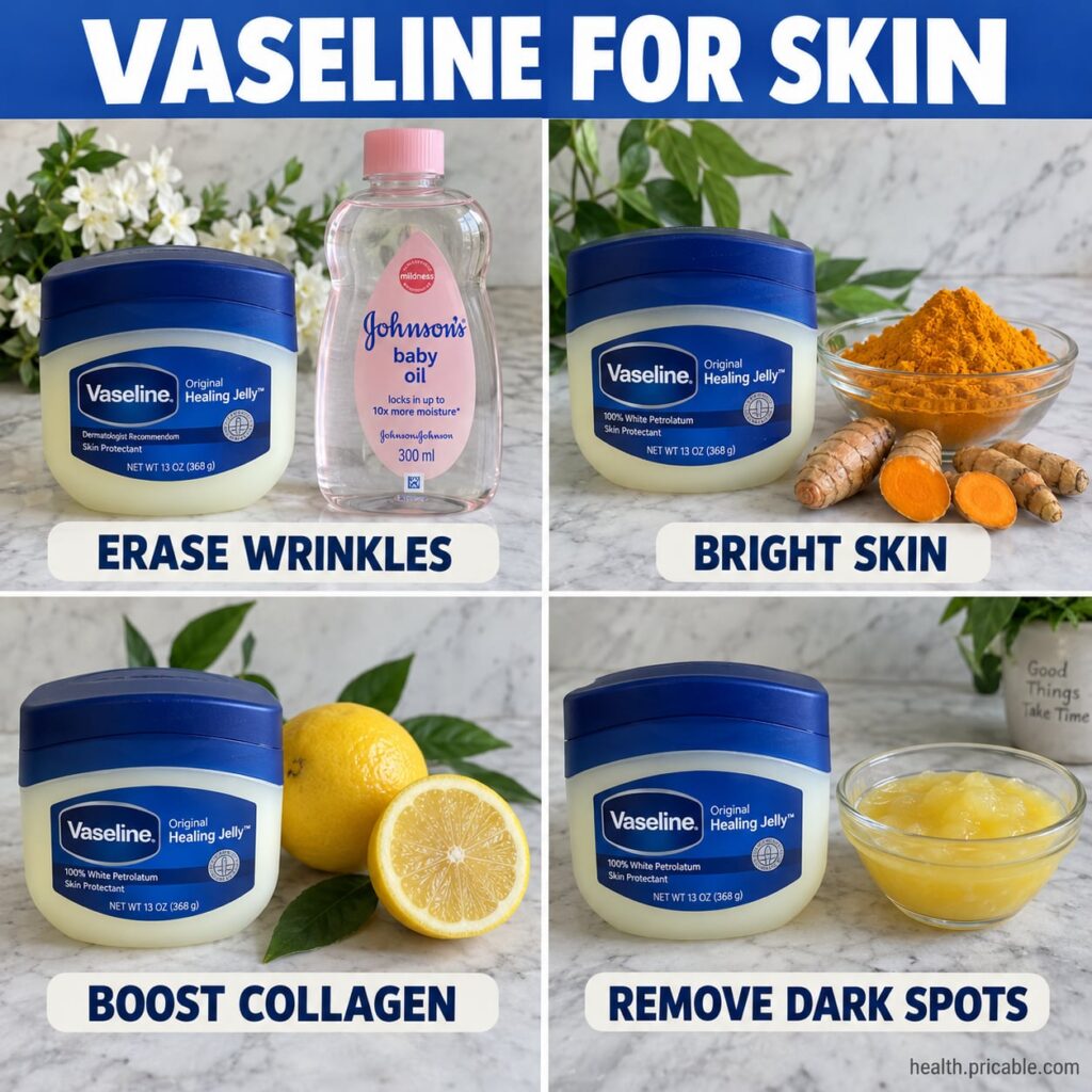 A close-up shot of a small jar of Vaseline surrounded by natural ingredients like aloe vera leaf a sliced potato sugar a
