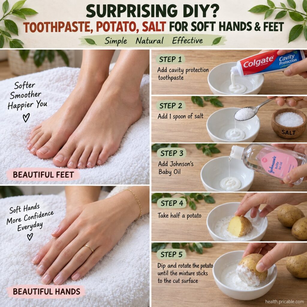 A close-up of a DIY paste for hands and feet in a small bowl with visible ingredients like grated potato a tube of tooth