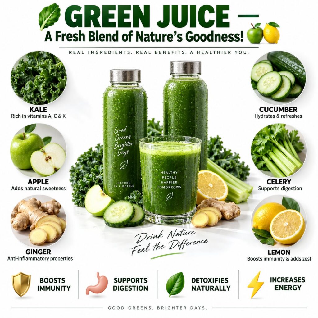A vibrant green juice in a clear glass with a straw surrounded by fresh ingredients like kale leaves cucumber slices cel