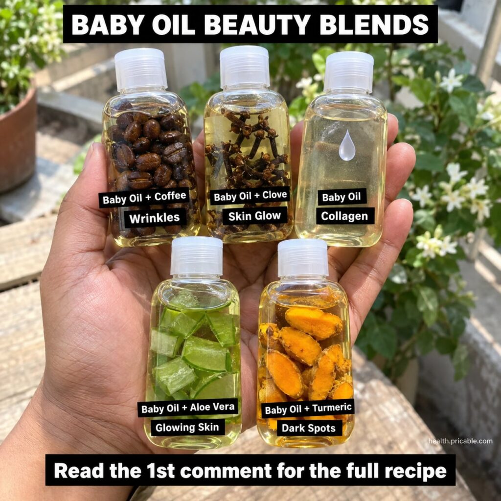 A collection of small glass bottles filled with various homemade infused baby oils One bottle contains baby oil with cof