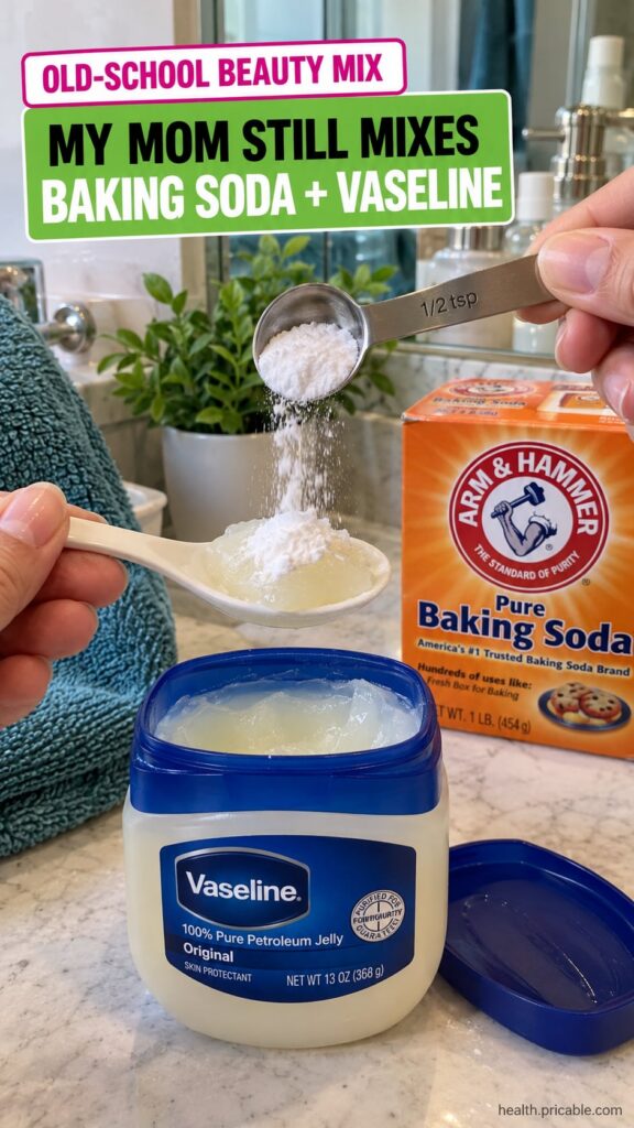 A small jar of Vaseline petroleum jelly next to a small pile of baking soda with a finger mixing them gently on a clean 