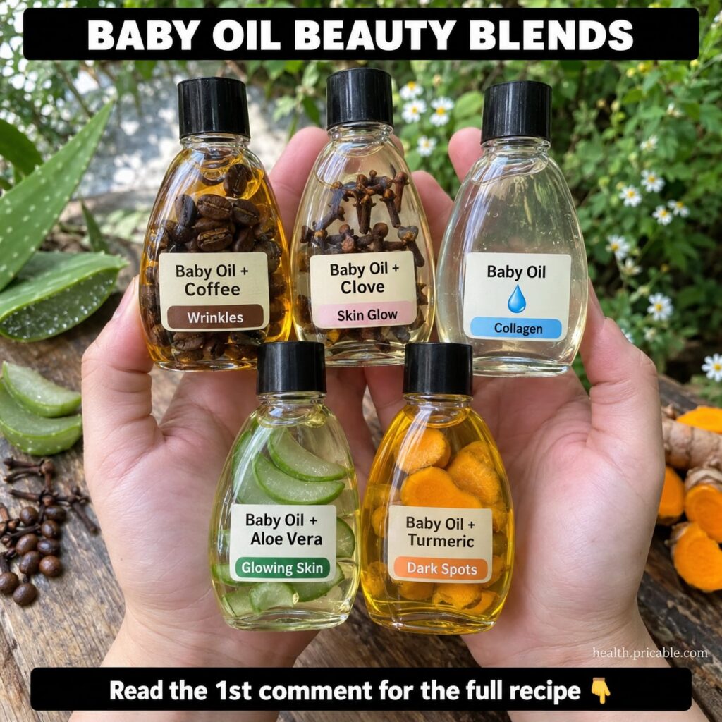 A clear glass bottle filled with a golden-hued infused baby oil blend with visible specks of coffee grounds clove and tu