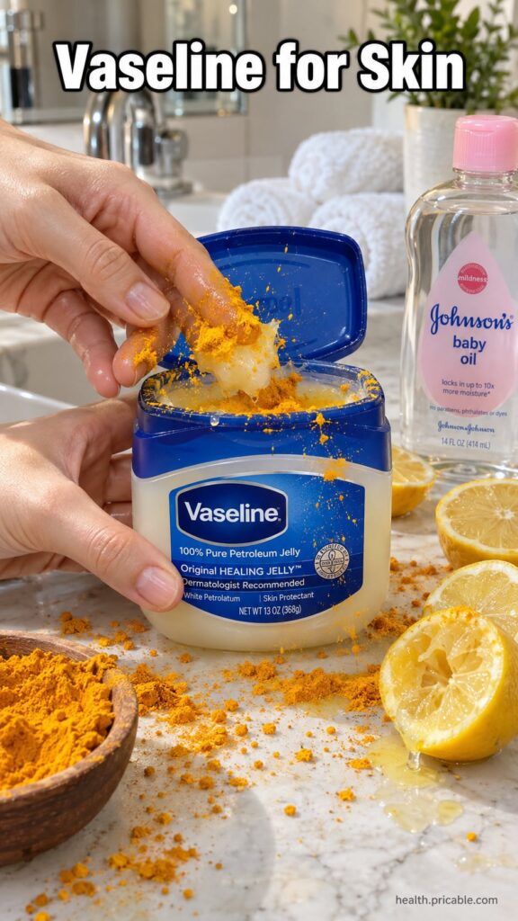 Ingredients for a Vaseline turmeric and lemon mask laid out on a clean surface