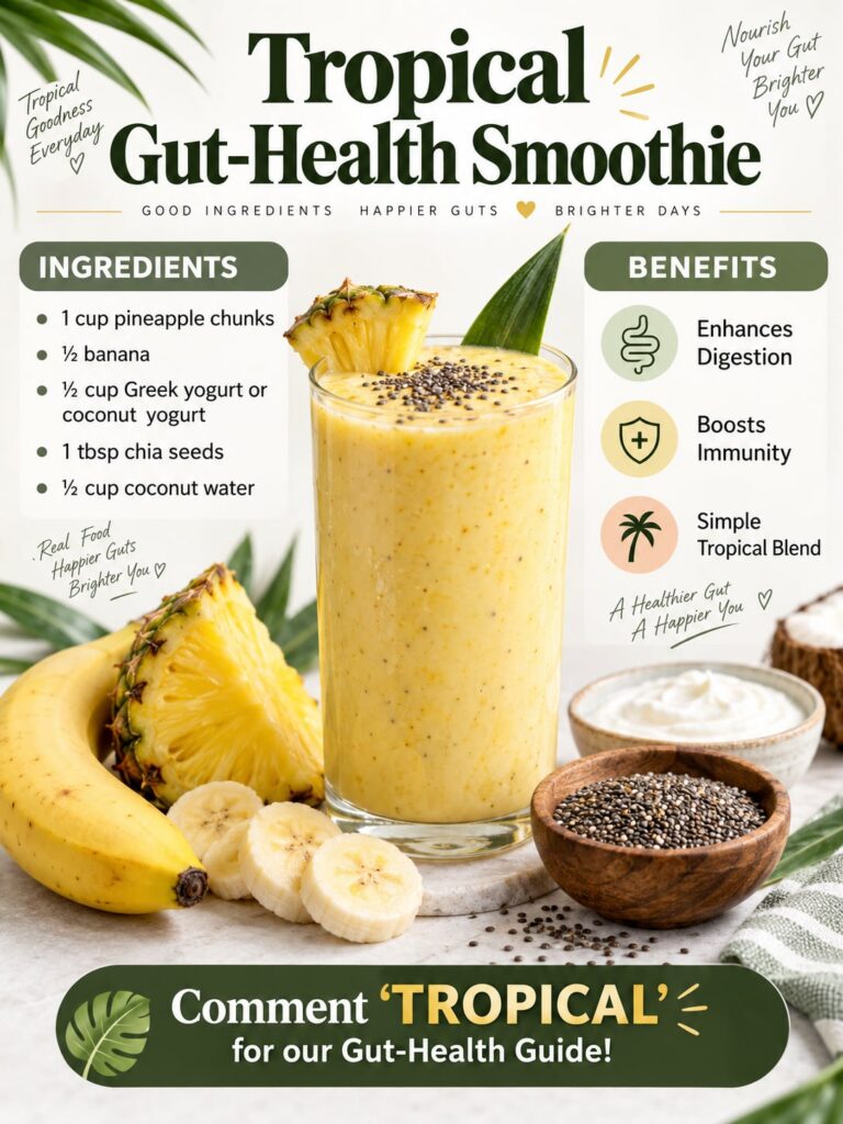 A vibrant creamy tropical smoothie in a glass garnished with a slice of pineapple and a banana suggesting health and fre