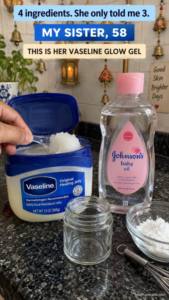 A small clear glass jar filled with a translucent creamy Vaseline glow gel placed on a light-colored minimalist vanity A