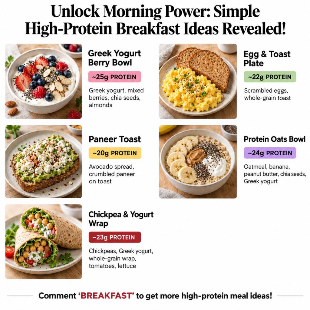 A vibrant and appealing flat lay photo showing a variety of ingredients for different high-protein breakfast options lai