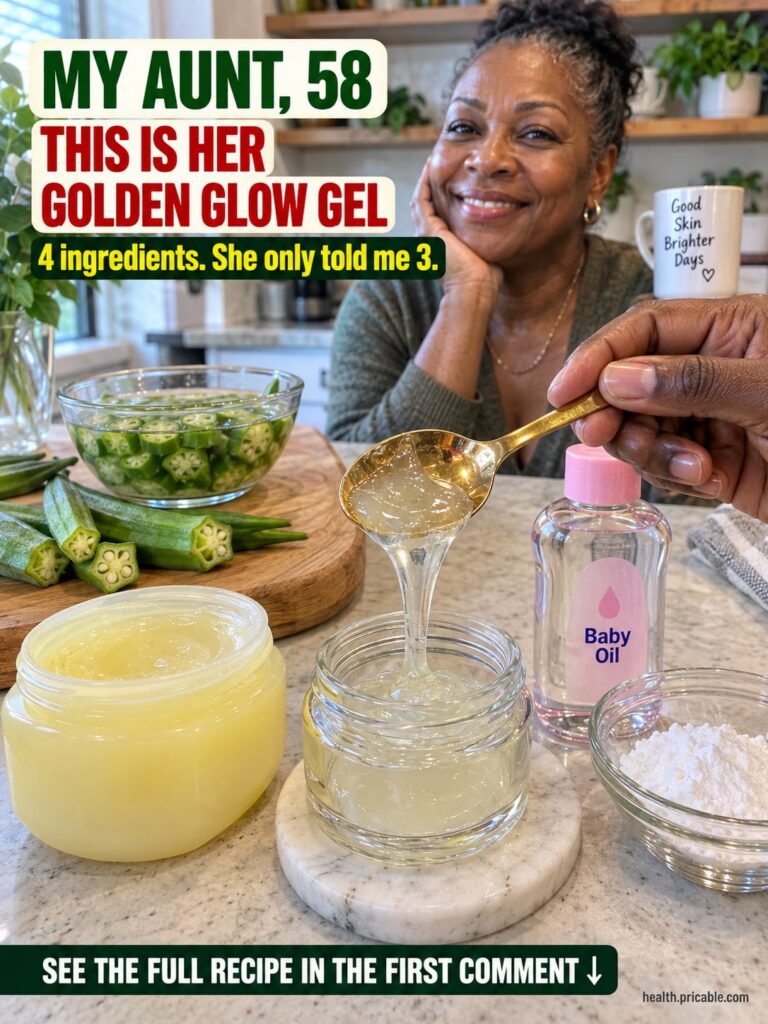 A jar of homemade Golden Glow Gel with fresh okra pods a bottle of baby oil and a jar of Vaseline around it on a clean w