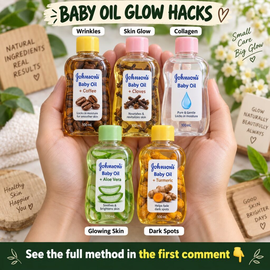 A clear glass bottle of baby oil surrounded by natural ingredients like coffee beans clove buds fresh aloe vera leaf and