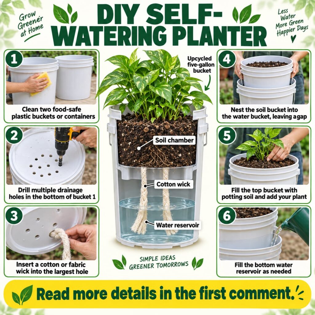 An infographic detailing how to create a DIY self-watering planter using upcycled buckets showing a cut-away view of the