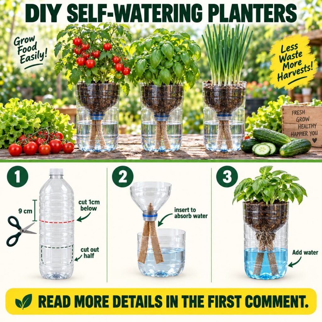 A visual guide to DIY self-watering planters from recycled plastic bottles showing flourishing plants like cherry tomato