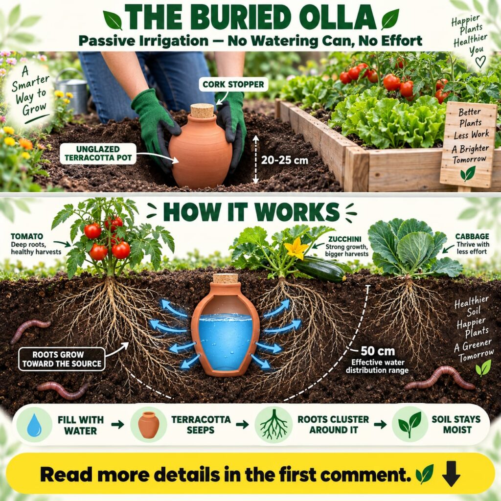An infographic explaining the Olla irrigation system showing installation how it works with water seeping and roots clus