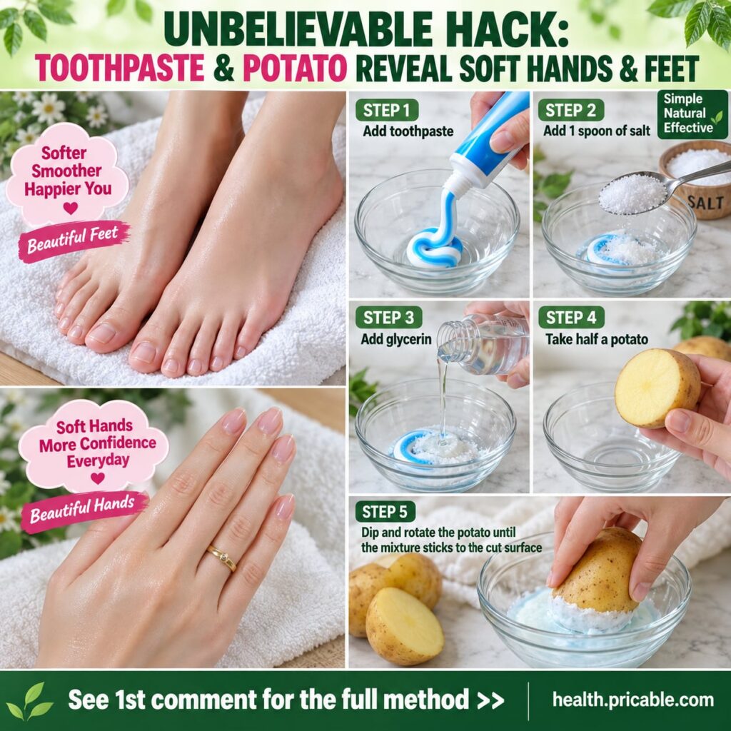 Ingredients for the toothpaste and potato hack showing a raw potato and a tube of white toothpaste on a rustic wooden su