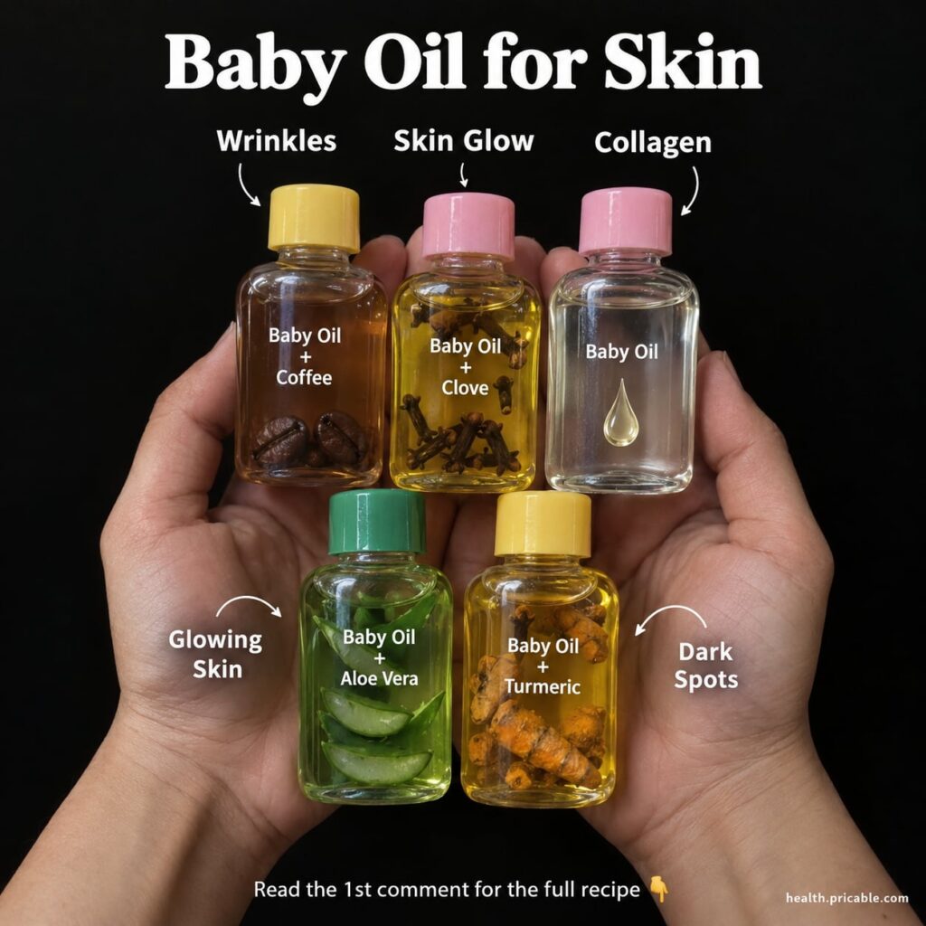 A small glass bottle of amber-colored oil labeled Baby Oil Glow Elixir next to a small bowl of coffee grounds a piece of