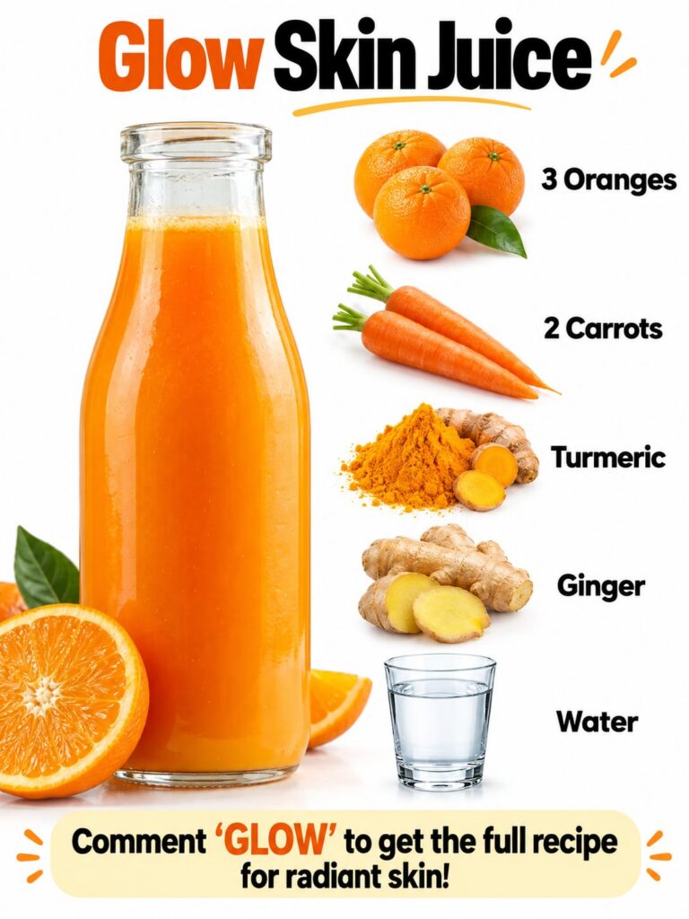 A vibrant freshly prepared glass of Glow Skin Juice with oranges carrots turmeric and ginger visible in the background